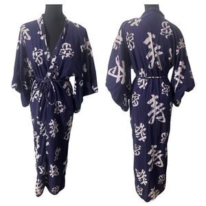Vintage 80s 90s Blue White Japanese Calligraphy Print Yukata Kimono Robe S M L
